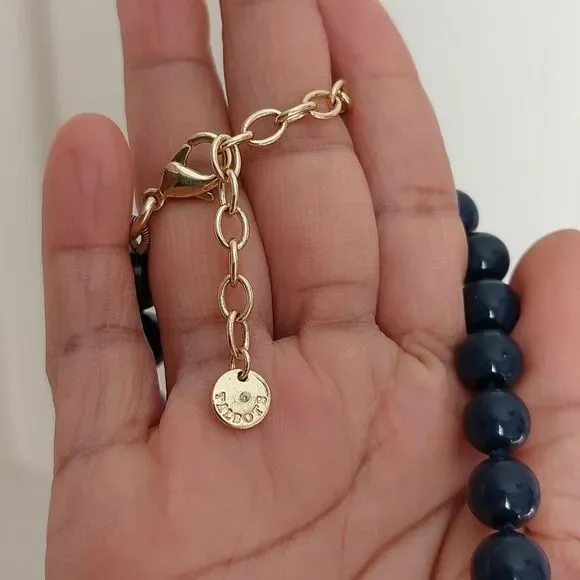 Talbots Gold Tone and Navy Blue Enameled Sunburst and Beads Statement Necklace - Picture 4 of 6